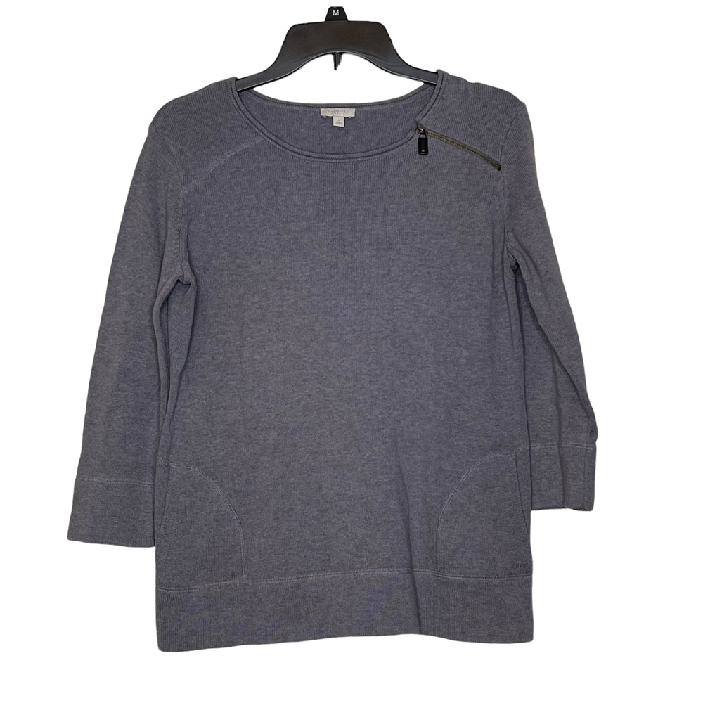 Talbots Womens Sweater Size Small Gray 100% Cotton 3/4 Sleeve Shoulder Zipper
